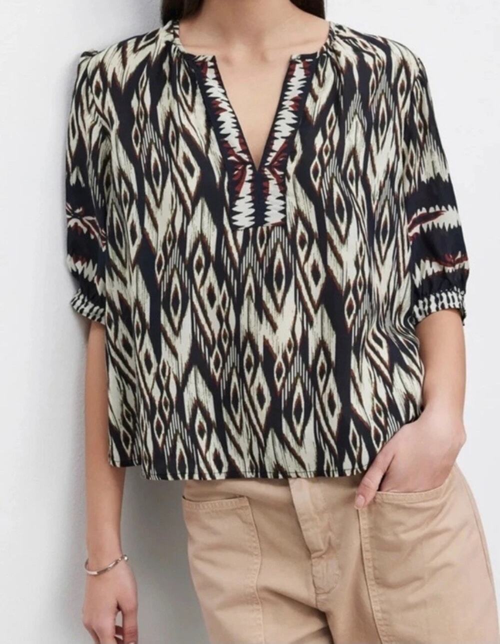 Velvet by Graham & Spencer Ikat Print Split Neck Blouse Puff Sleeve Boho Top